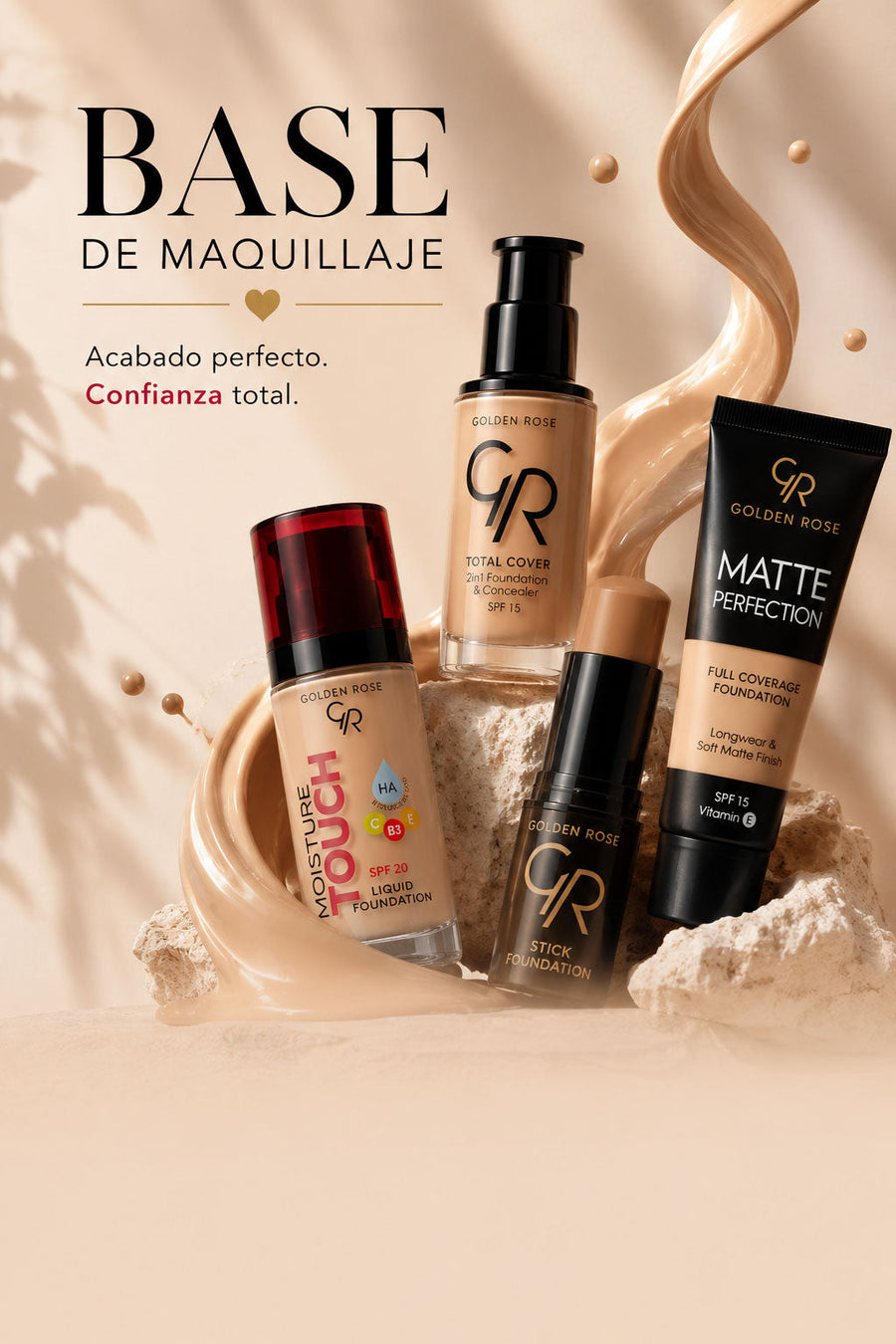 Comparativa de bases de maquillaje Golden Rose: Total Cover 2in1, Moisture Touch y Matte Perfection