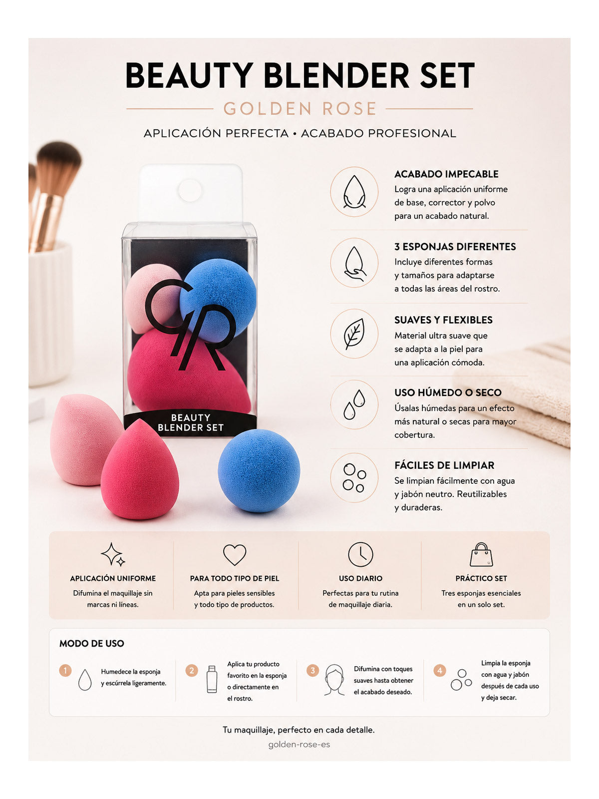 beauty blender set Golden Rose esponjas maquillaje