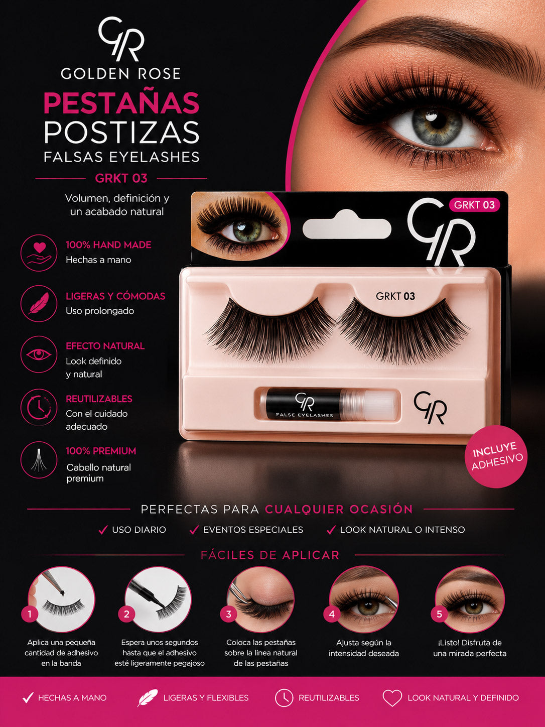 Pestañas postizas con acabado natural, ligeras y cómodas para realzar la mirada con definición y elegancia.