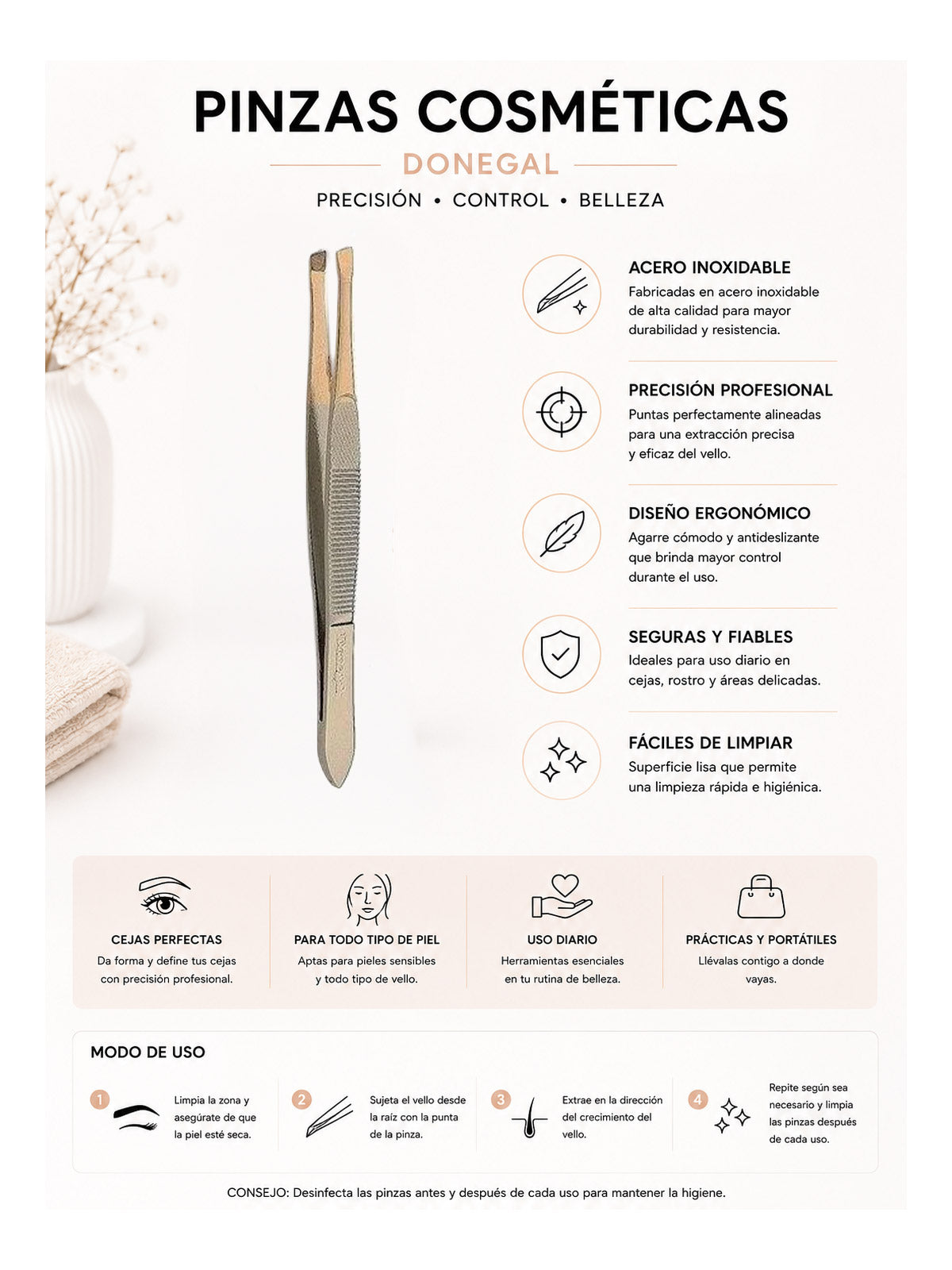 pinzas cosméticas Donegal cejas precisión profesional