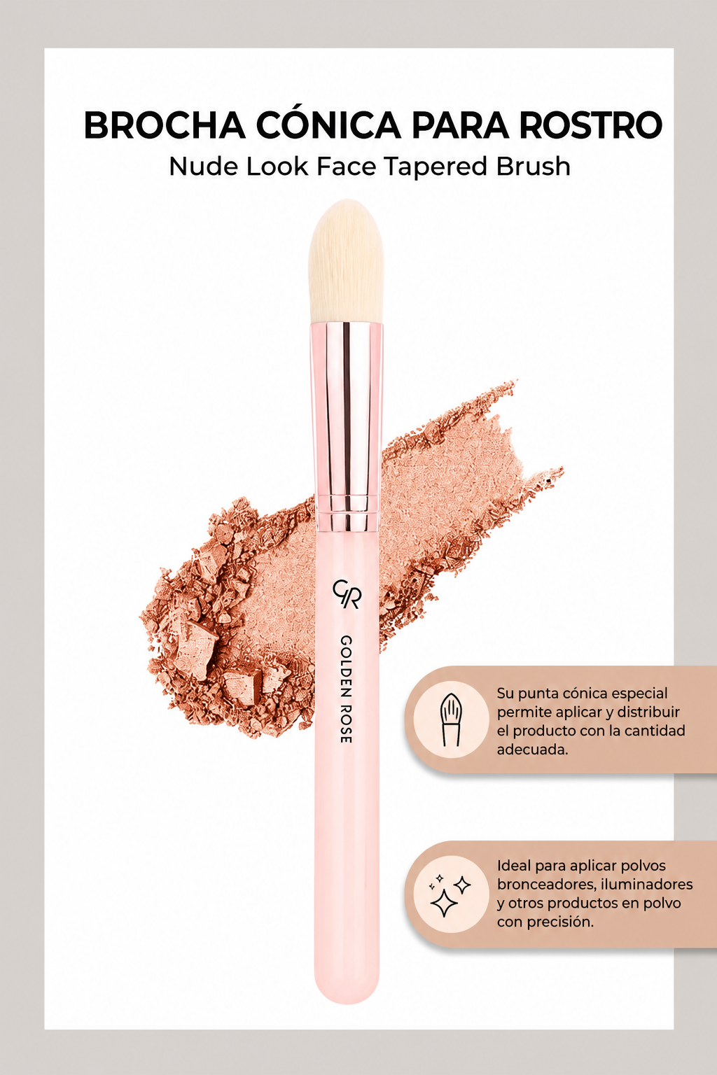brocha facial cónica Golden Rose nude para iluminador rubor maquillaje-info