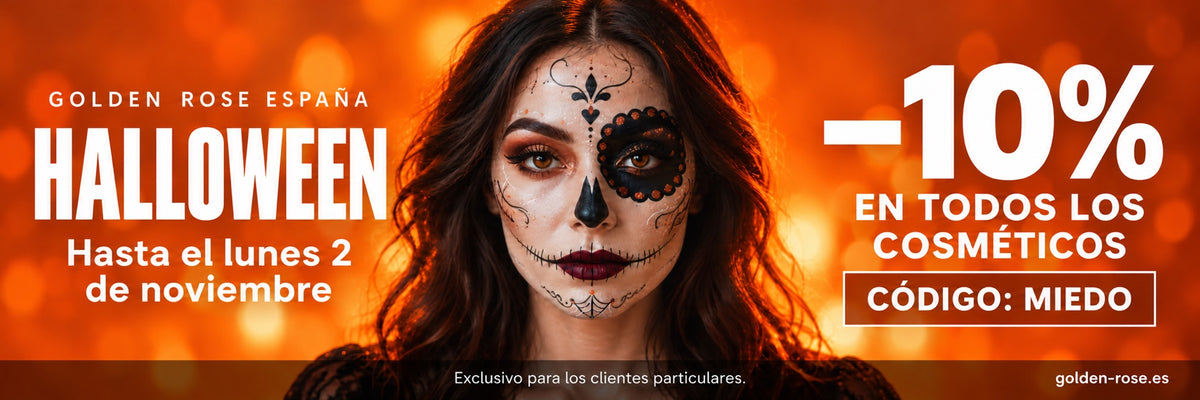 Golden Rose España. Halloween: 10 % de descuento en todos los cosméticos con el código MIEDO. Hasta el lunes 2 de noviembre de 2026. Exclusivo para los clientes particulares. Comprar ahora.