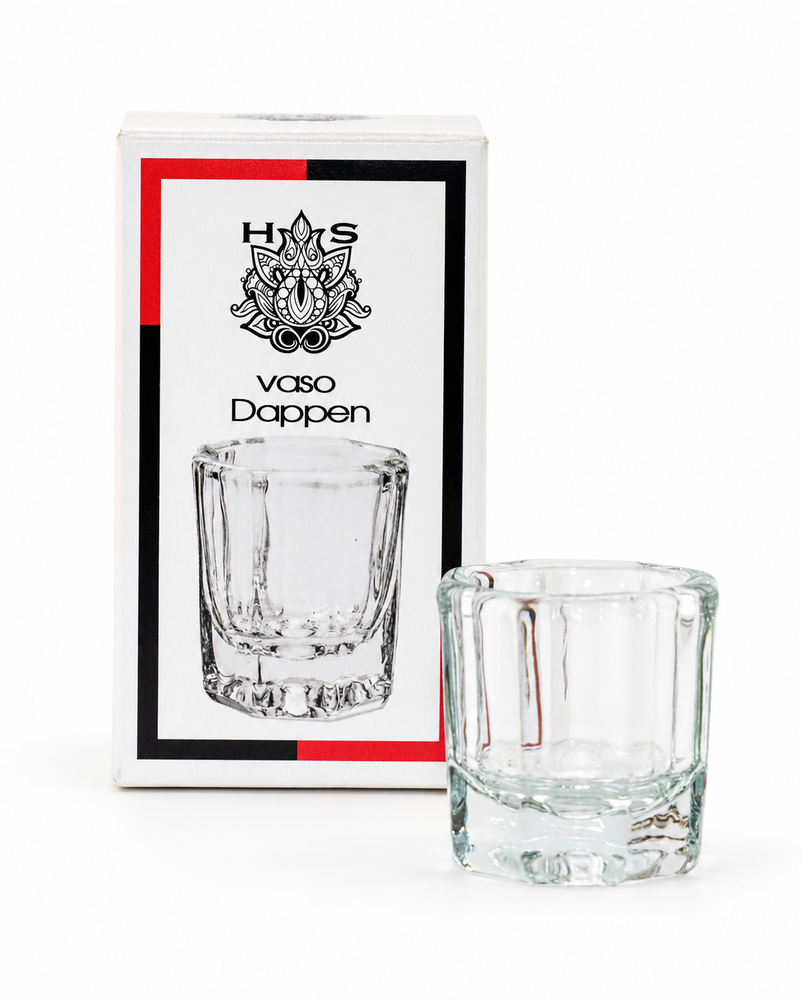 Vaso Dappen de vidrio transparente HS junto a su caja para preparar mezclas de henna y revelador.